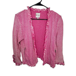 NIC+ZOE Pink Fringe Open Front Herringbone Tweed Blazer Jacket